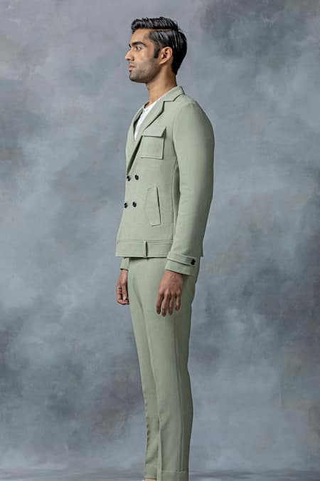 Buy Sarab Khanijou Green Jersey Plain Pistachio Double Breasted Blazer Set Online at Aza Fashions Buy_Sarab Khanijou_Green Jersey Plain Pistachio Double Breasted Blazer Set _Online_at_Aza_Fashions