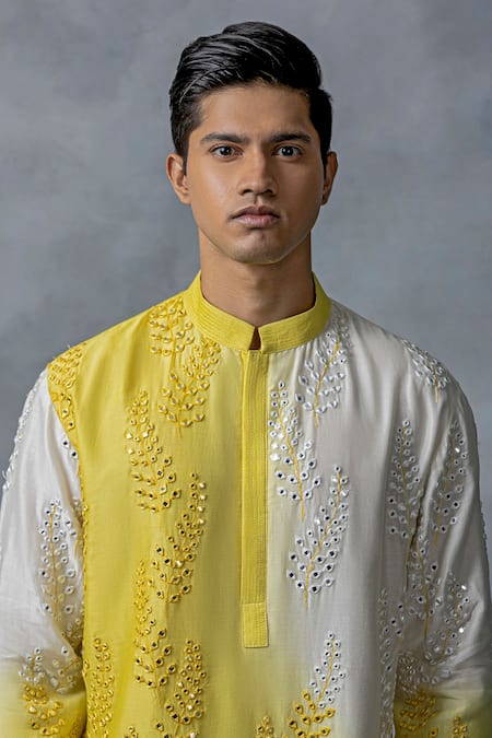 Sarab Khanijou Yellow Cotton Silk Embroidery Mirror Kurta Set Online at Aza Fashions Sarab Khanijou_Yellow Cotton Silk Embroidery Mirror Kurta Set _Online_at_Aza_Fashions