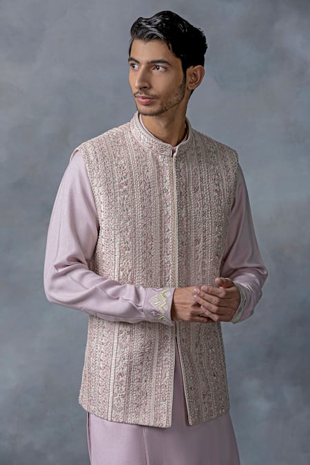 Shop Sarab Khanijou Pink Silk, Modal Pearls, Embroidery Thread And Work Waist Coat & Kurta Set Online at Aza Fashions Shop_Sarab Khanijou_Pink Silk, Modal Pearls, Embroidery Thread And Work Waist Coat & Kurta Set _Online_at_Aza_Fashions