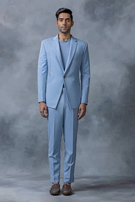Sarab Khanijou Sky Blue Cotton Plain Pintucked Blazer And Pant Set Online at Aza Fashions Sarab Khanijou_Sky Blue Cotton Plain Pintucked Blazer And Pant Set _Online_at_Aza_Fashions