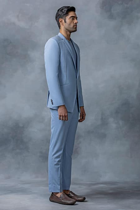 Buy Sarab Khanijou Sky Blue Cotton Plain Pintucked Blazer And Pant Set Online at Aza Fashions Buy_Sarab Khanijou_Sky Blue Cotton Plain Pintucked Blazer And Pant Set _Online_at_Aza_Fashions