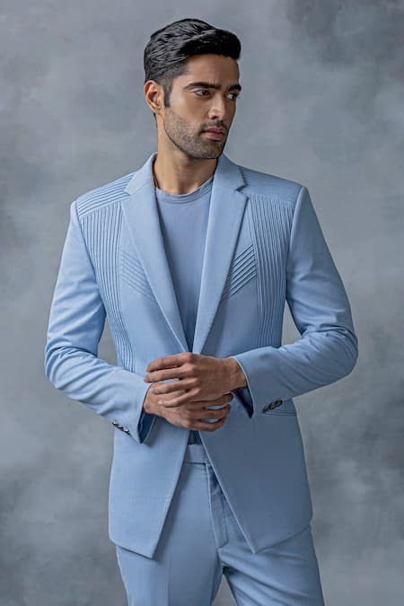 Shop Sarab Khanijou Sky Blue Cotton Plain Pintucked Blazer And Pant Set Online at Aza Fashions Shop_Sarab Khanijou_Sky Blue Cotton Plain Pintucked Blazer And Pant Set _Online_at_Aza_Fashions