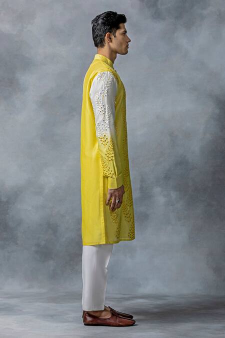 Shop Sarab Khanijou Yellow Cotton Silk Embroidery Mirror Kurta Set Online at Aza Fashions Shop_Sarab Khanijou_Yellow Cotton Silk Embroidery Mirror Kurta Set _Online_at_Aza_Fashions
