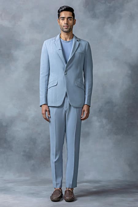 Buy Sarab Khanijou Sky Blue Jersey Zipper Detailed Blazer And Pant Set Online at Aza Fashions Buy_Sarab Khanijou_Sky Blue Jersey Zipper Detailed Blazer And Pant Set _Online_at_Aza_Fashions