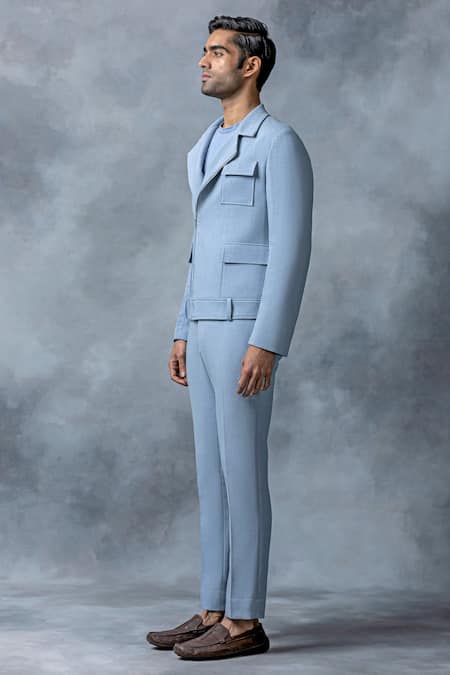 Sarab Khanijou_Sky Blue Jersey Plain Zipper And Patch Pocket Detailed Blazer & Pant Set _Online_at_Aza_Fashions