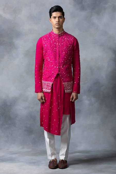 Sarab Khanijou Pink Silk, Modal, Cotton Embroidery Floral Thread Work Waist Coat With Kurta Set Online at Aza Fashions Sarab Khanijou_Pink Silk, Modal, Cotton Embroidery Floral Thread Work Waist Coat With Kurta Set _Online_at_Aza_Fashions