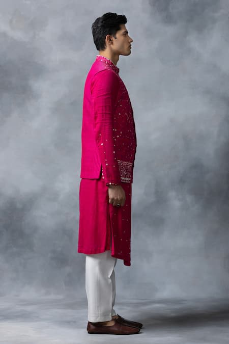 Buy Sarab Khanijou Pink Silk, Modal, Cotton Embroidery Floral Thread Work Waist Coat With Kurta Set Online at Aza Fashions Buy_Sarab Khanijou_Pink Silk, Modal, Cotton Embroidery Floral Thread Work Waist Coat With Kurta Set _Online_at_Aza_Fashions
