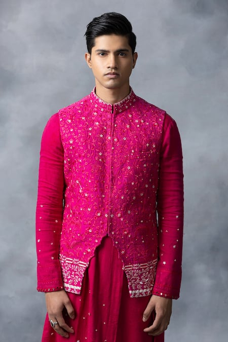 Shop Sarab Khanijou Pink Silk, Modal, Cotton Embroidery Floral Thread Work Waist Coat With Kurta Set Online at Aza Fashions Shop_Sarab Khanijou_Pink Silk, Modal, Cotton Embroidery Floral Thread Work Waist Coat With Kurta Set _Online_at_Aza_Fashions