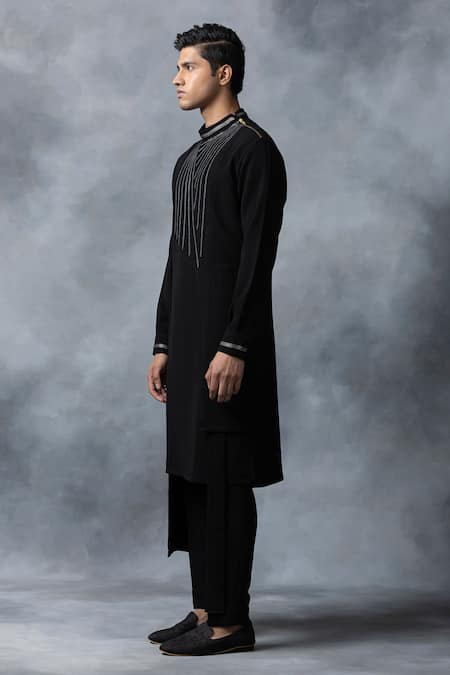 Sarab Khanijou_Black Satin, Cotton Chains Placement Embellished Kurta Set _Online_at_Aza_Fashions