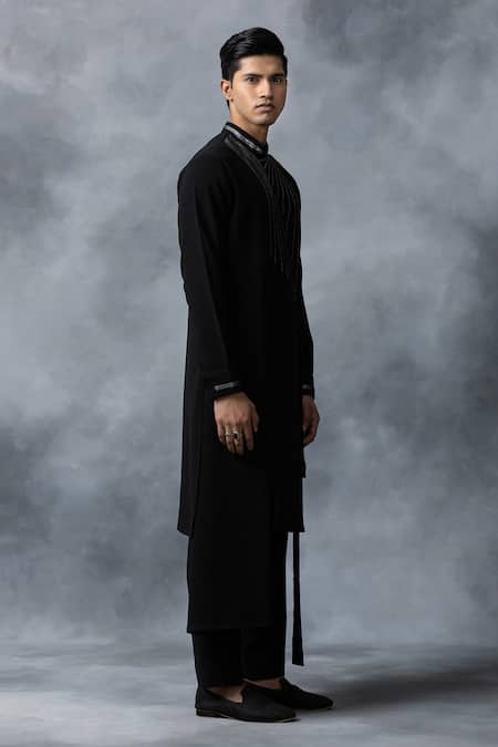 Buy_Sarab Khanijou_Black Satin, Cotton Chains Placement Embellished Kurta Set _Online_at_Aza_Fashions