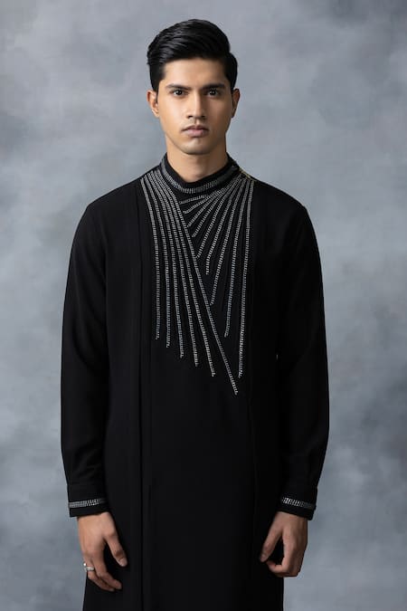 Shop_Sarab Khanijou_Black Satin, Cotton Chains Placement Embellished Kurta Set _Online_at_Aza_Fashions