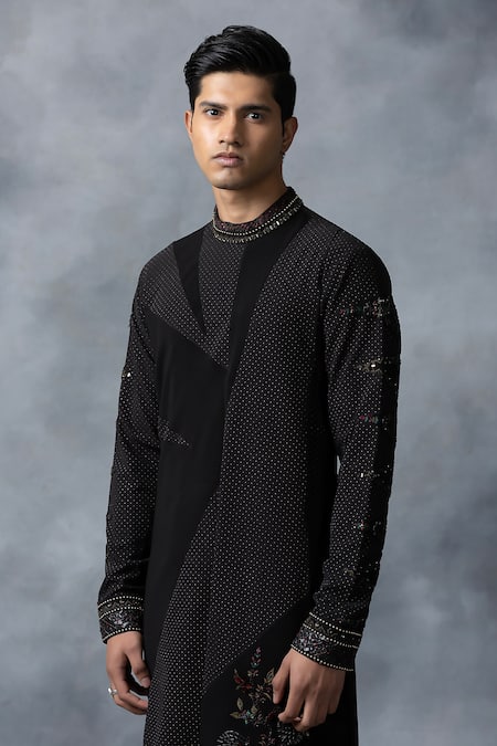 Shop_Sarab Khanijou_Green Sandwash Printed Polka Dot Panelled Kurta Set _Online_at_Aza_Fashions