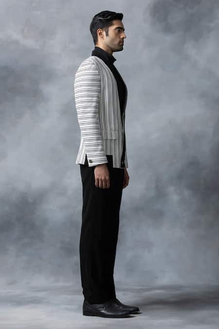 Buy_Sarab Khanijou_Black Knitted Fabric Striped Jacket _Online_at_Aza_Fashions