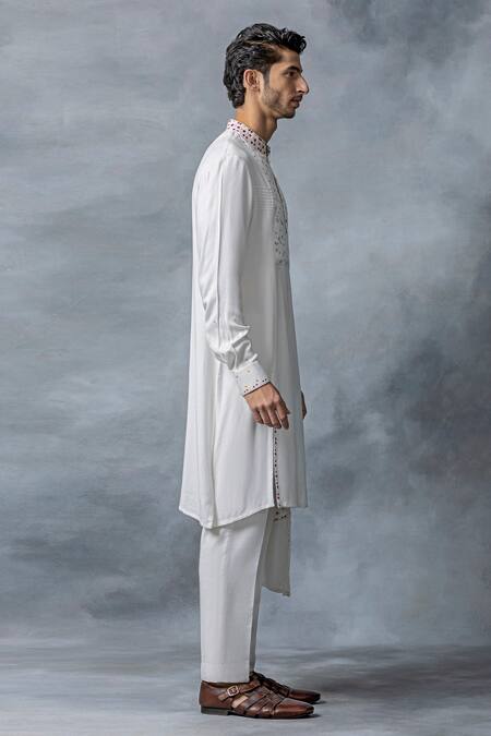 Sarab Khanijou_Ivory Moss Crepe Embroidery Thread Yoke Kurta Set _Online_at_Aza_Fashions