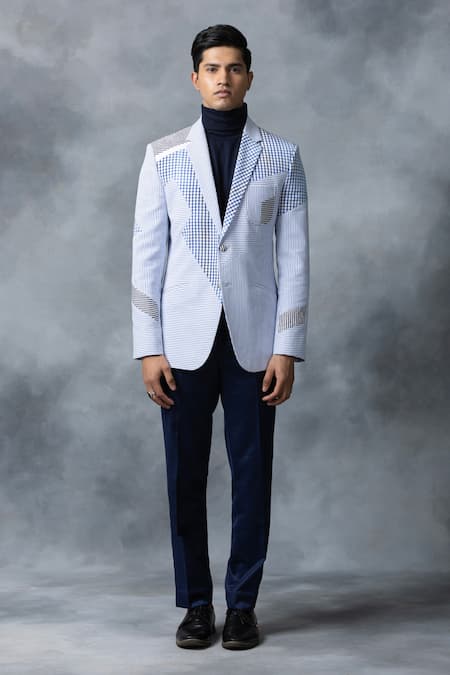 Sarab Khanijou_Blue Seersucker Fabric Checkered Multi Patched Blazer _Online_at_Aza_Fashions
