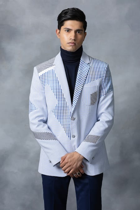 Shop_Sarab Khanijou_Blue Seersucker Fabric Checkered Multi Patched Blazer _Online_at_Aza_Fashions