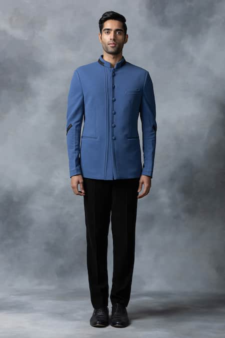 Sarab Khanijou Blue Jersey, Satin Leather Tape Detailed Bandhgala Pant Set Online at Aza Fashions Sarab Khanijou_Blue Jersey, Satin Leather Tape Detailed Bandhgala Pant Set _Online_at_Aza_Fashions