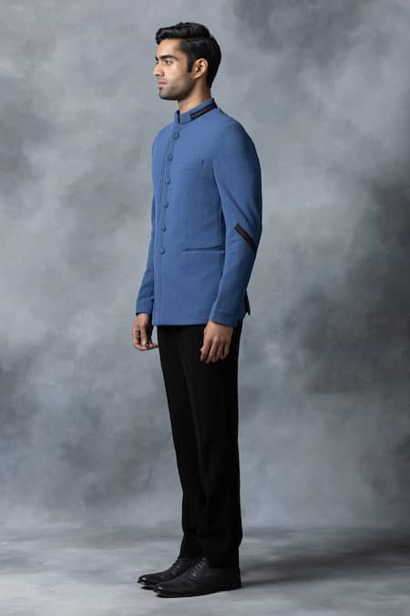 Buy Sarab Khanijou Blue Jersey, Satin Leather Tape Detailed Bandhgala Pant Set Online at Aza Fashions Buy_Sarab Khanijou_Blue Jersey, Satin Leather Tape Detailed Bandhgala Pant Set _Online_at_Aza_Fashions