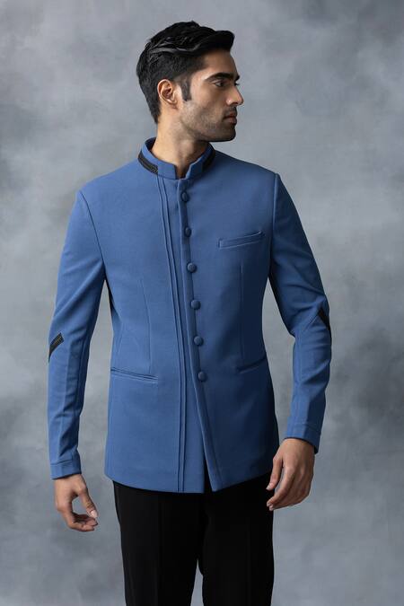 Shop Sarab Khanijou Blue Jersey, Satin Leather Tape Detailed Bandhgala Pant Set Online at Aza Fashions Shop_Sarab Khanijou_Blue Jersey, Satin Leather Tape Detailed Bandhgala Pant Set _Online_at_Aza_Fashions