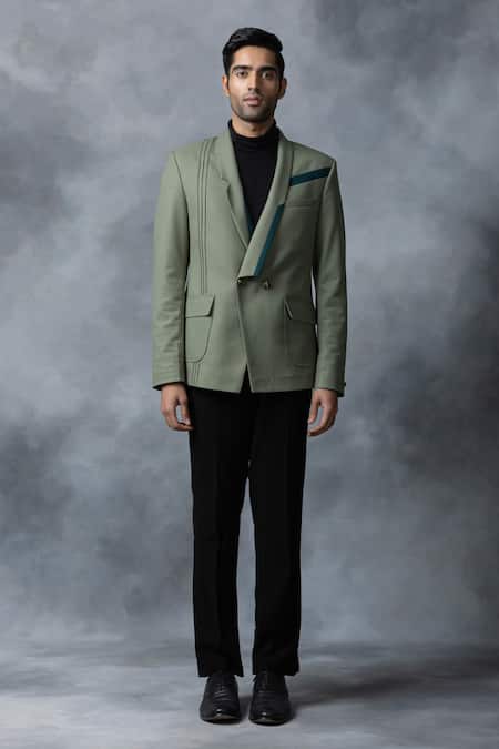 Sarab Khanijou_Green Suiting Fabric Textured Pintucks Blazer _Online_at_Aza_Fashions