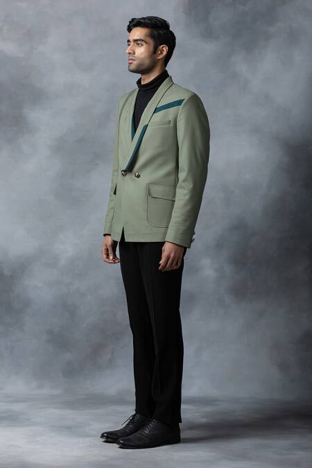 Buy_Sarab Khanijou_Green Suiting Fabric Textured Pintucks Blazer _Online_at_Aza_Fashions