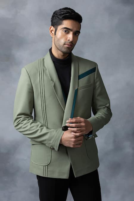 Shop_Sarab Khanijou_Green Suiting Fabric Textured Pintucks Blazer _Online_at_Aza_Fashions