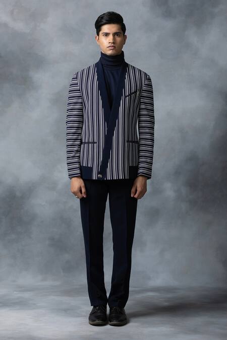 Sarab Khanijou_Blue Knitted Fabric Striped Jacket _Online_at_Aza_Fashions