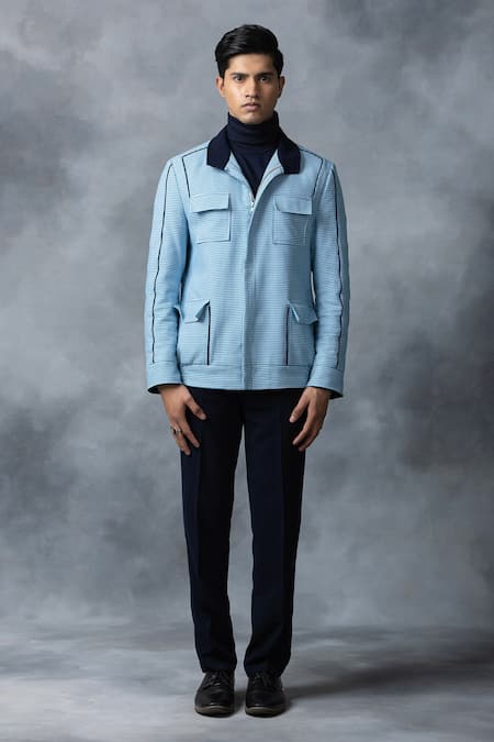 Sarab Khanijou_Blue Cotton Checkered Light Fine Bomber Jacket _Online_at_Aza_Fashions