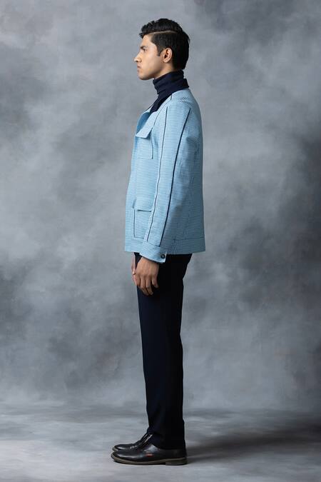 Buy_Sarab Khanijou_Blue Cotton Checkered Light Fine Bomber Jacket _Online_at_Aza_Fashions