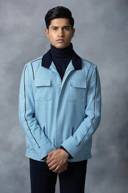 Shop_Sarab Khanijou_Blue Cotton Checkered Light Fine Bomber Jacket _Online_at_Aza_Fashions