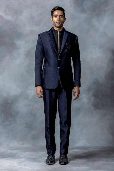 Sarab Khanijou Blue Jersey Embroidered Textured Blazer Online at Aza Fashions Sarab Khanijou_Blue Jersey Embroidered Textured Blazer _Online_at_Aza_Fashions