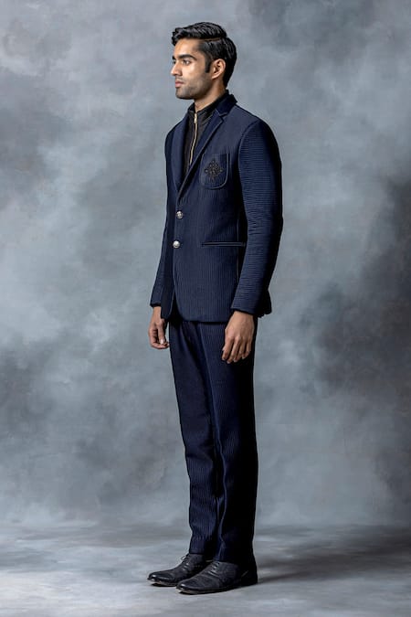 Buy Sarab Khanijou Blue Jersey Embroidered Textured Blazer Online at Aza Fashions Buy_Sarab Khanijou_Blue Jersey Embroidered Textured Blazer _Online_at_Aza_Fashions