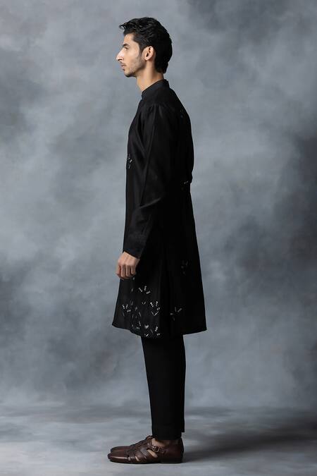Buy_Sarab Khanijou_Black Chanderi Silk Embroidery Sequin Placement Kurta Set _Online_at_Aza_Fashions