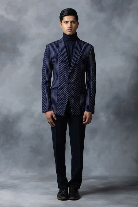 Sarab Khanijou_Blue Suiting Fabric Striped Panelled Blazer _Online_at_Aza_Fashions