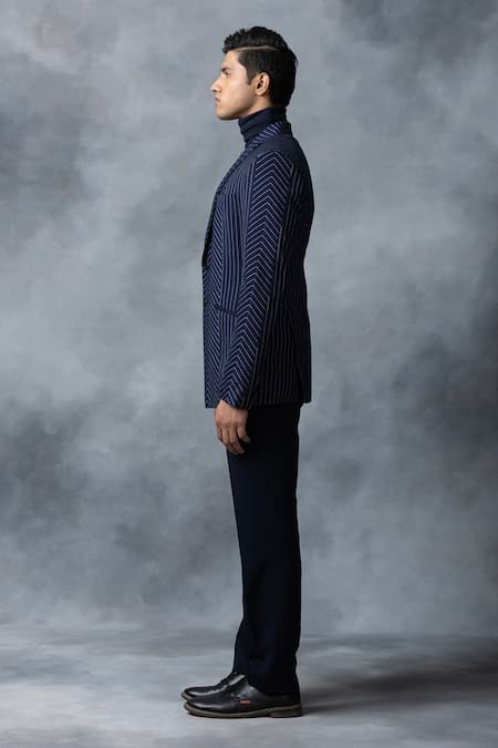 Buy_Sarab Khanijou_Blue Suiting Fabric Striped Panelled Blazer _Online_at_Aza_Fashions