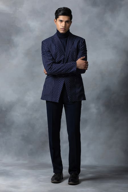 Shop_Sarab Khanijou_Blue Suiting Fabric Striped Panelled Blazer _Online_at_Aza_Fashions