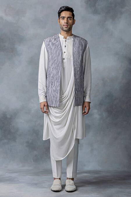 Sarab Khanijou Grey Organza, Modal Embroidery, Pearls Work Waist Coat With White Kurta Set Online at Aza Fashions Sarab Khanijou_Grey Organza, Modal Embroidery, Pearls Work Waist Coat With White Kurta Set _Online_at_Aza_Fashions