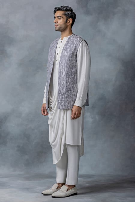 Buy Sarab Khanijou Grey Organza, Modal Embroidery, Pearls Work Waist Coat With White Kurta Set Online at Aza Fashions Buy_Sarab Khanijou_Grey Organza, Modal Embroidery, Pearls Work Waist Coat With White Kurta Set _Online_at_Aza_Fashions