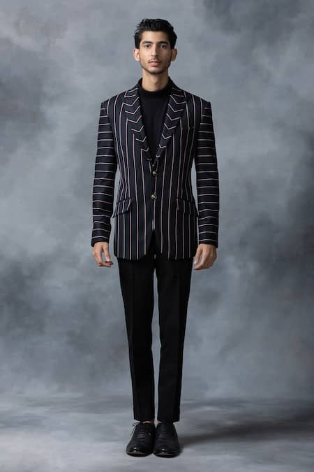 Sarab Khanijou_Black Suiting Fabric Striped Peak Lapel Collar Blazer _Online_at_Aza_Fashions