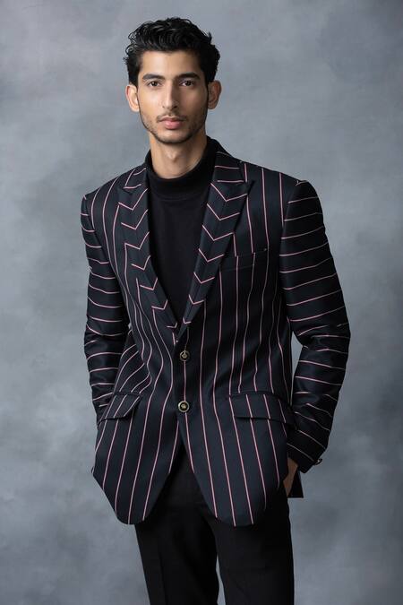 Buy_Sarab Khanijou_Black Suiting Fabric Striped Peak Lapel Collar Blazer _Online_at_Aza_Fashions