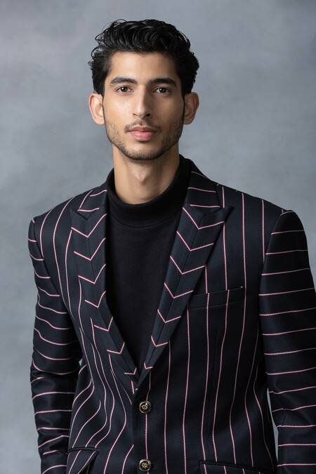 Shop_Sarab Khanijou_Black Suiting Fabric Striped Peak Lapel Collar Blazer _Online_at_Aza_Fashions