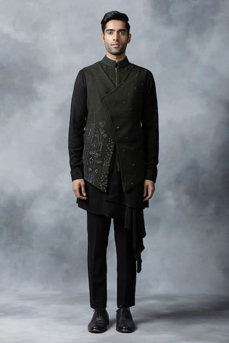 Buy Sarab Khanijou Green Modal Embroidery Waist Coat And Asymmetric Kurta Set Online at Aza Fashions Buy_Sarab Khanijou_Green Modal Embroidery Waist Coat And Asymmetric Kurta Set _Online_at_Aza_Fashions
