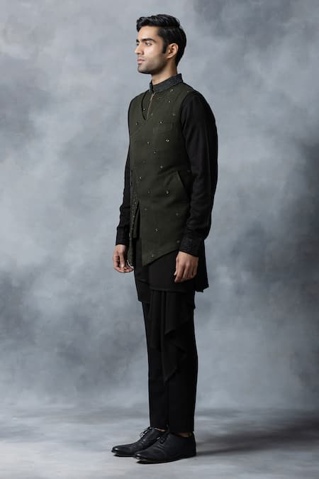 Shop Sarab Khanijou Green Modal Embroidery Waist Coat And Asymmetric Kurta Set Online at Aza Fashions Shop_Sarab Khanijou_Green Modal Embroidery Waist Coat And Asymmetric Kurta Set _Online_at_Aza_Fashions