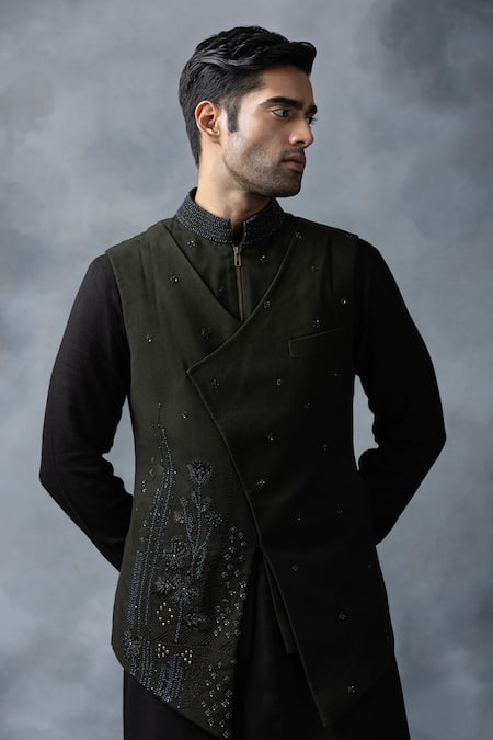 Sarab Khanijou Green Modal Embroidery Waist Coat And Asymmetric Kurta Set at Aza Fashions Sarab Khanijou_Green Modal Embroidery Waist Coat And Asymmetric Kurta Set _at_Aza_Fashions