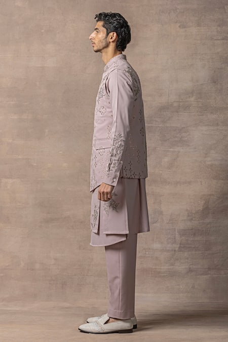 Shop Sarab Khanijou Purple Crepe Embroidery Applique Work Waist Coat And Panelled Kurta Set Online at Aza Fashions Shop_Sarab Khanijou_Purple Crepe Embroidery Applique Work Waist Coat And Panelled Kurta Set _Online_at_Aza_Fashions