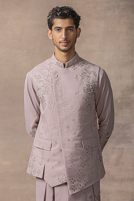 Sarab Khanijou Purple Crepe Embroidery Applique Work Waist Coat And Panelled Kurta Set at Aza Fashions Sarab Khanijou_Purple Crepe Embroidery Applique Work Waist Coat And Panelled Kurta Set _at_Aza_Fashions