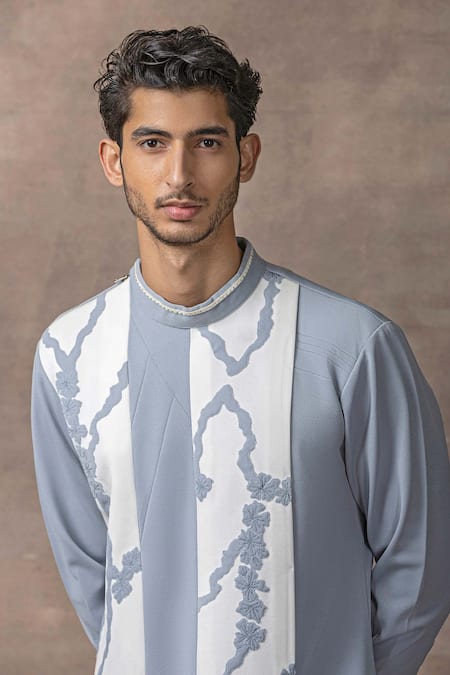 Shop Sarab Khanijou Grey Jersey Embroidery Floral Applique Kurta Set Online at Aza Fashions Shop_Sarab Khanijou_Grey Jersey Embroidery Floral Applique Kurta Set _Online_at_Aza_Fashions