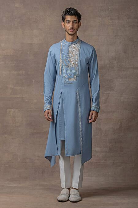 Sarab Khanijou_Blue Crepe Embroidery Thread Yoke Applique Kurta Set _Online_at_Aza_Fashions