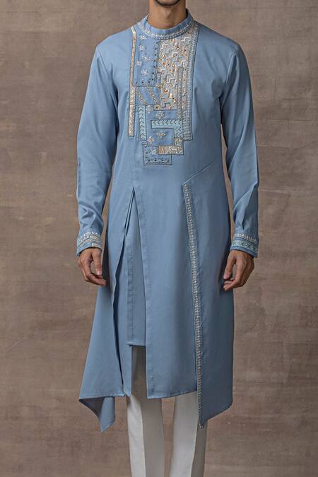 Buy_Sarab Khanijou_Blue Crepe Embroidery Thread Yoke Applique Kurta Set _Online_at_Aza_Fashions