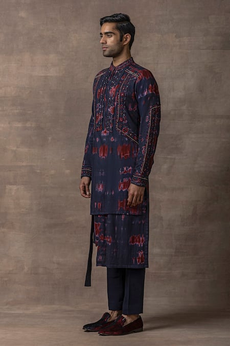 Buy_Sarab Khanijou_Blue Silk Embroidery Thread Tie Dye Kurta Set _Online_at_Aza_Fashions